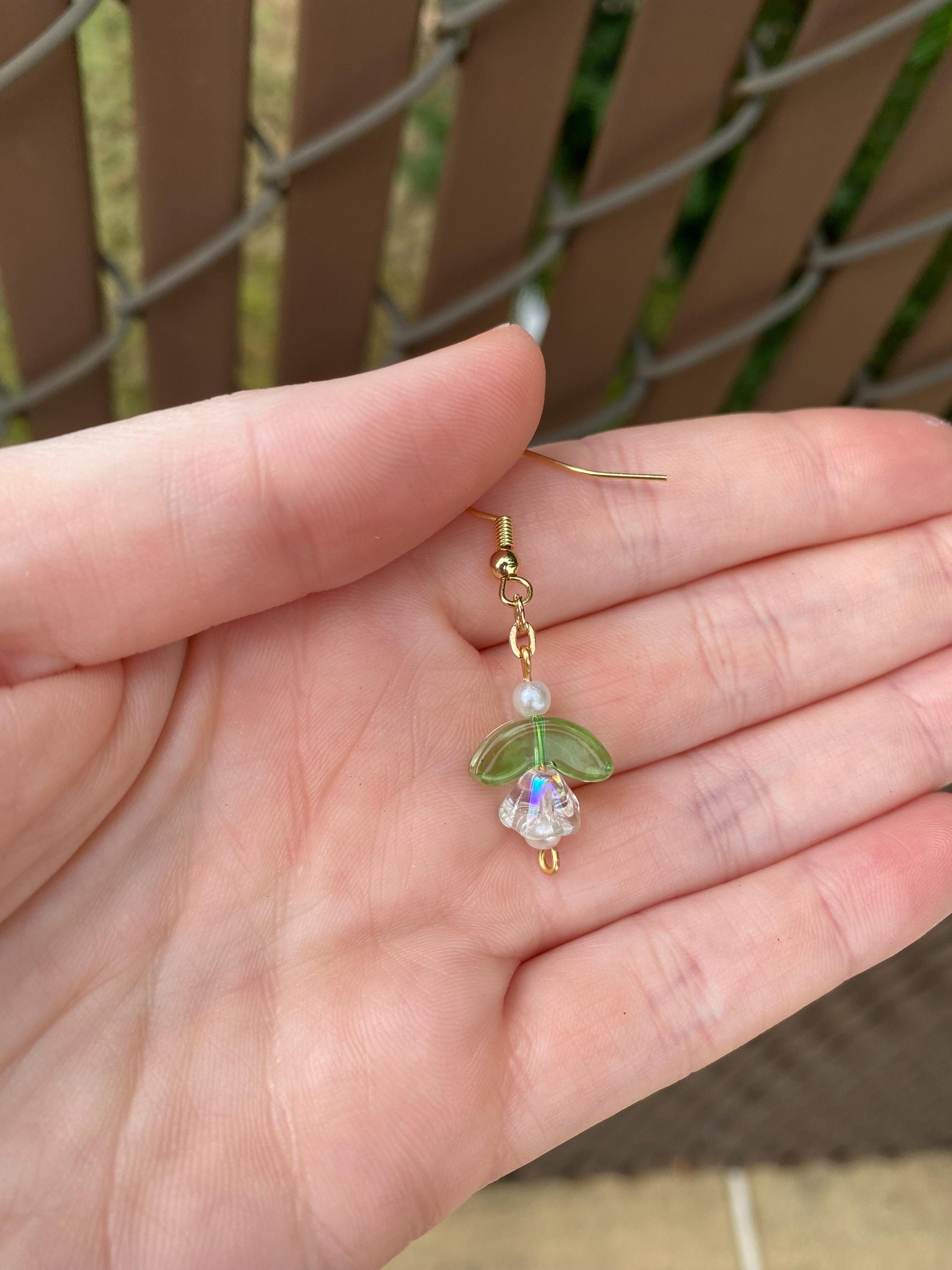 Iridescent Bellflower Flower Pearl Earrings